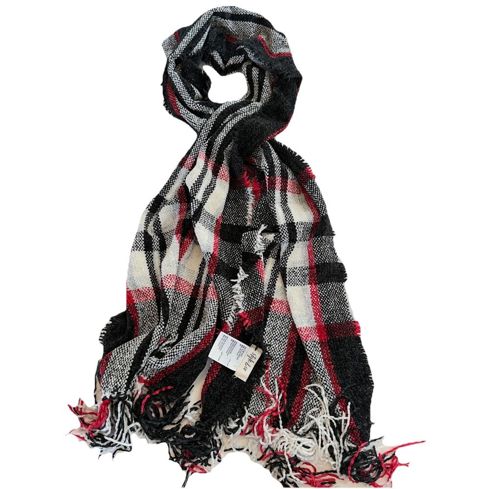 Style & Co Red Black Plaid Scarf Boucle Knit Soft Chunky Winter Wrap Fringe